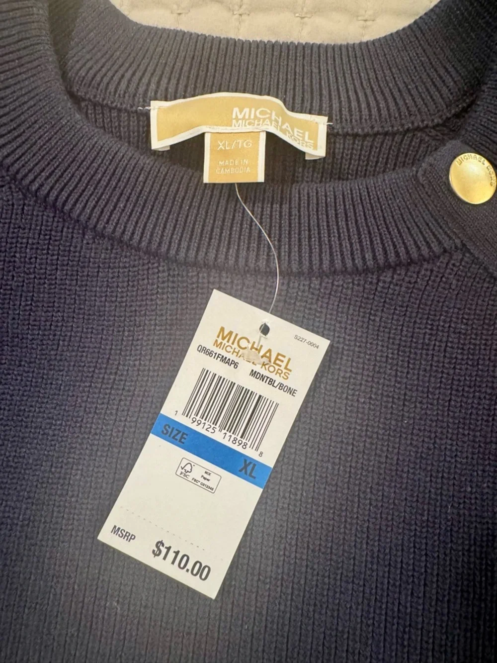 Michael Kors Navy White‎ Striped Sweater XL NWT Gold Button Shoulder Coastal